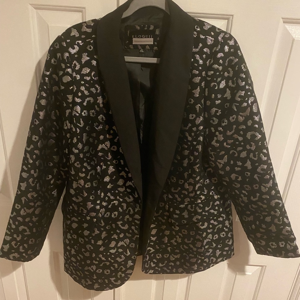 Eloquii black blazer with silver leopard print stitching